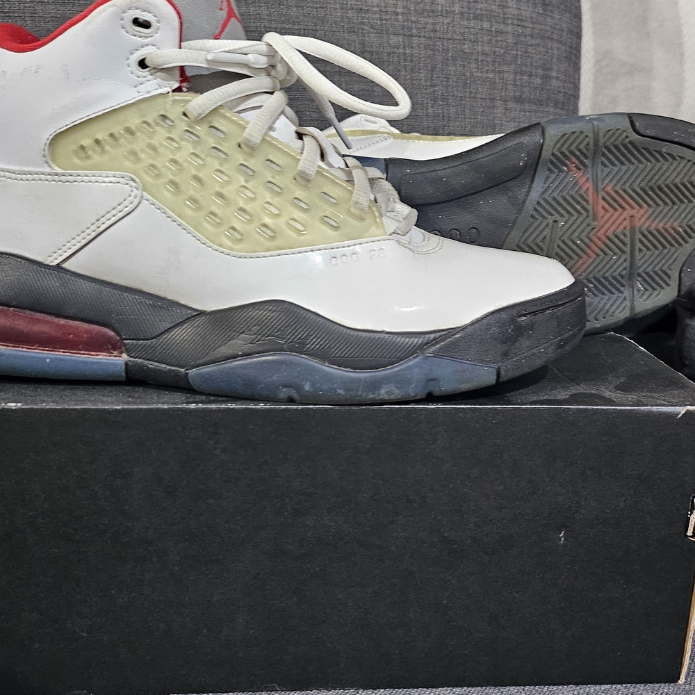 Jordan White and Red Sneakers with Gray Accents
